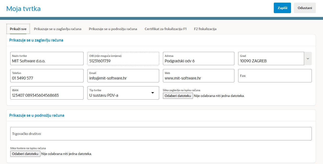 popunjavanje podataka o tvrtci